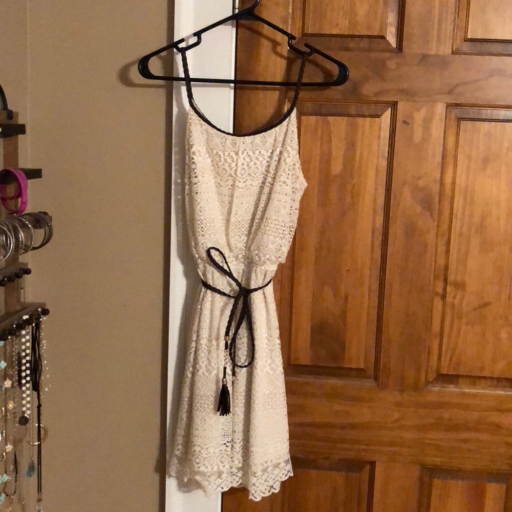 Cream Lace Dress with Brown Braid waist tie
